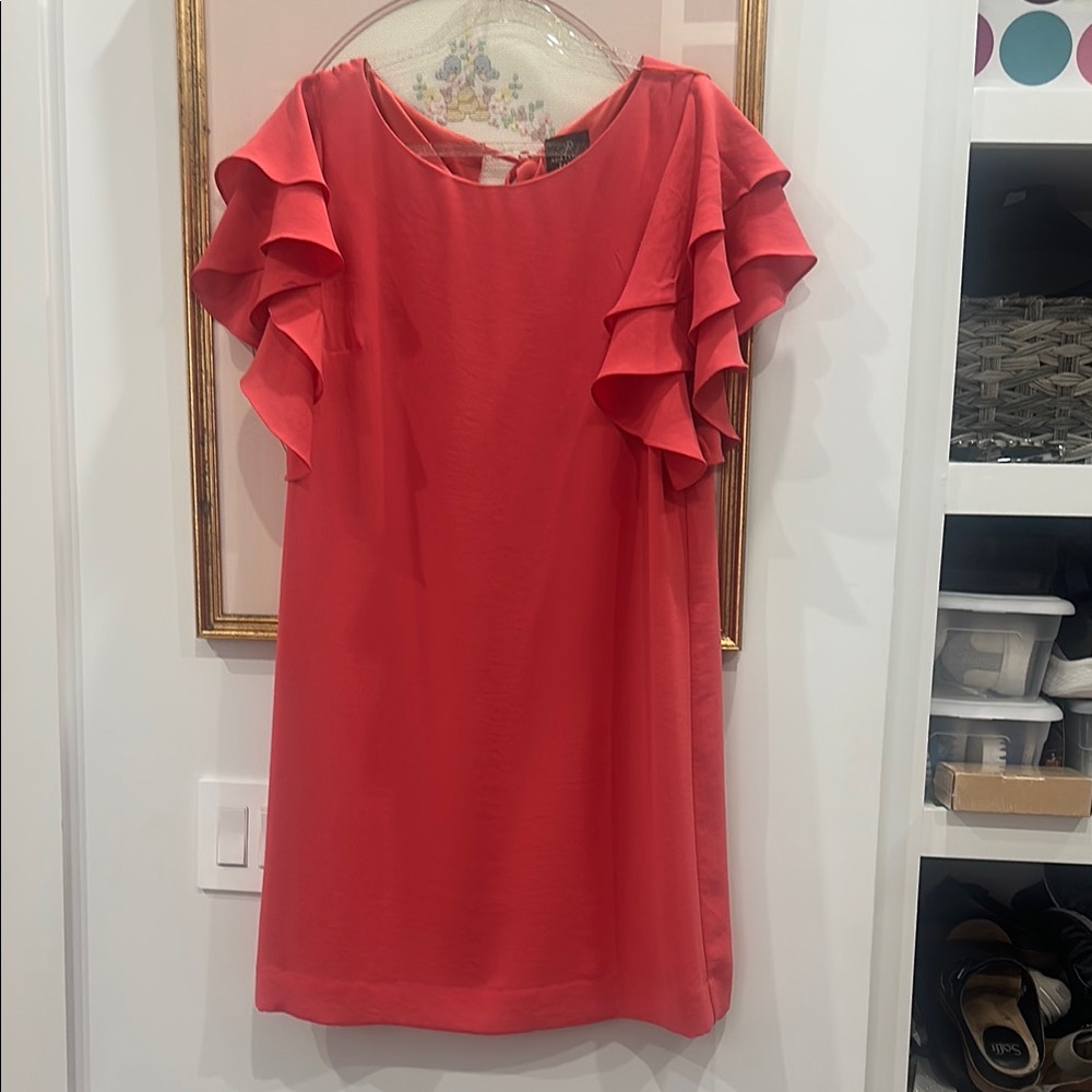 Elegant Coral Ruffle Sleeve Dress